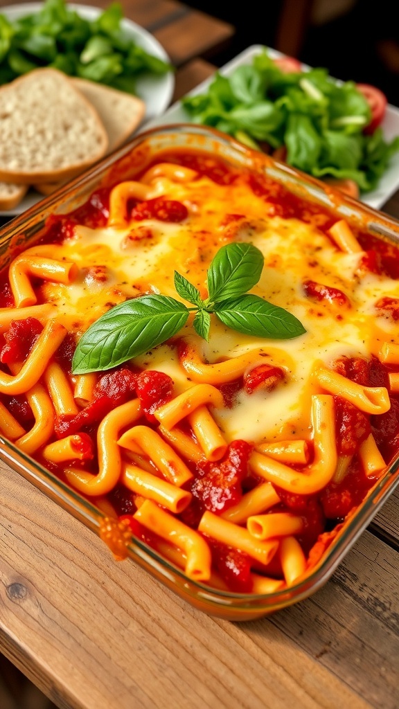 A baked ziti dish with layers of pasta, marinara, and melted cheese, garnished with basil, served with garlic bread.